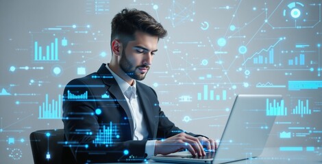 Businessman working on laptop with futuristic digital charts and data visualizations, modern graphic style, on a grey background, concept of innovation, Ai generative