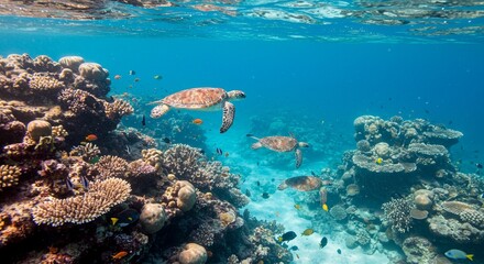 Fototapeta premium Underwater scene with colorful coral reefs, tropical fish, sea turtles, and clear blue water, vibrant and peaceful atmosphere, realistic style, bright natural light