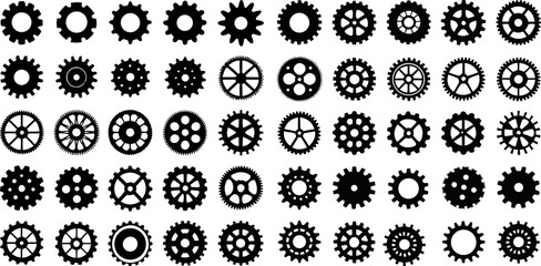 Comprehensive Collection of 48 Unique Gear and Cogwheel Silhouettes for Engineering and Design Projects