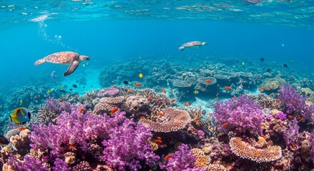 Fototapeta premium Underwater scene with colorful coral reefs, tropical fish, sea turtles, and clear blue water, vibrant and peaceful atmosphere, realistic style, bright natural light