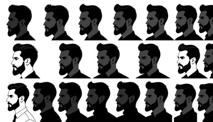 Diverse Men's Hairstyles and Beard Styles_A Collection of Male Silhouette Profiles_Exploring Grooming Trends and Modern Looks_Illustration of Various Hair and Beard Combinations