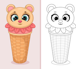  Cute bear shaped ice cream in a waffle cone illustration and coloring page