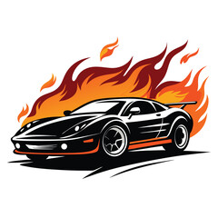 Naklejka premium Car Fire illustration of a red sport car in flames Vector illustration. Isolated on white background.