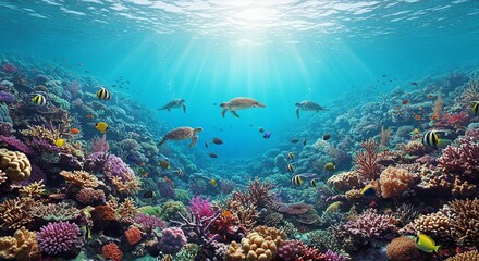 Fototapeta premium Underwater scene with colorful coral reefs, tropical fish, sea turtles, and clear blue water, vibrant and peaceful atmosphere, realistic style, bright natural light