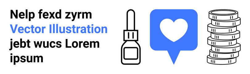 Eye drop bottle, heart in a speech bubble, and stacked coins representing health, communication, and finance. Ideal for wellness apps, social media, charity, finance education marketing simple