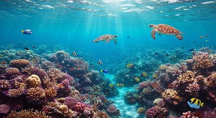 Fototapeta premium Underwater scene with colorful coral reefs, tropical fish, sea turtles, and clear blue water, vibrant and peaceful atmosphere, realistic style, bright natural light