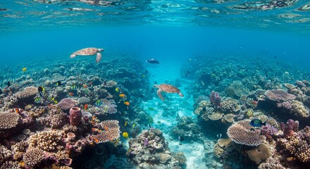 Naklejka premium Underwater scene with colorful coral reefs, tropical fish, sea turtles, and clear blue water, vibrant and peaceful atmosphere, realistic style, bright natural light