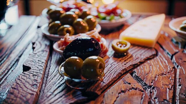 Spanish tapas with olives cheese and bacon close-up
