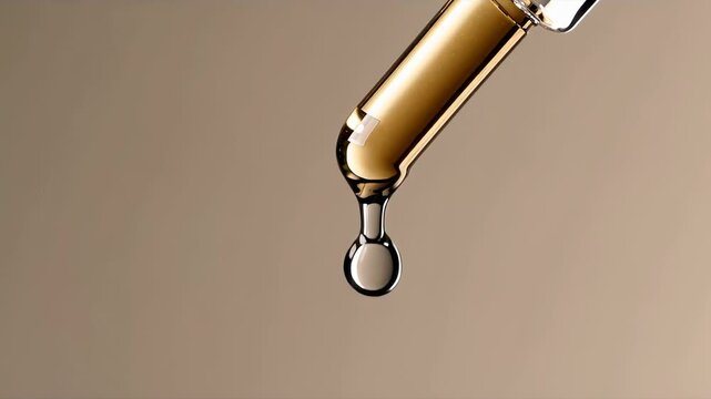 Golden serum droplet falling from glass pipette