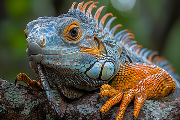 Obraz premium Close up green iguana in nature