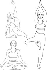 woman practicing yoga, yogini set of vector outline illustrations
