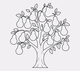 Charming line drawing of a pear tree outlined in bold black vector lines. The simple, background-free design invites children to color and bring the delightful fruit tree scene to life
