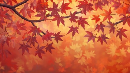 Fototapeta premium Vibrant autumn leaves on branches against a warm, glowing background.