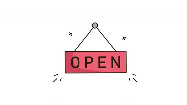 animation Red sign with the word open on it.