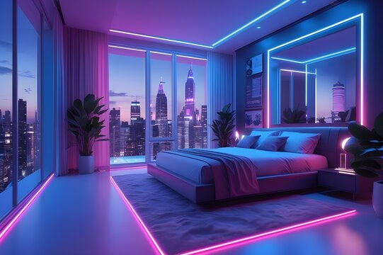 Futuristic Bedroom Interior with Neon Lighting and City Skyline View