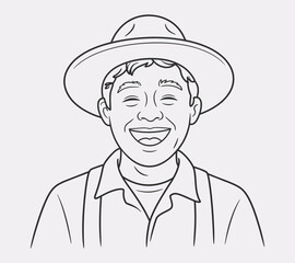 Playful line drawing of a laughing farmer outlined in bold black vector lines