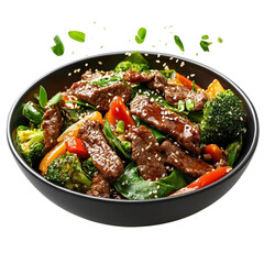 Fototapeta premium Beef and vegetable stir fry in dynamic motion, sesame seeds flying, high angle view, isolated [Transparent Background PNG] 