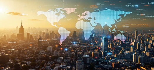 Futuristic city skyline with a digital world map overlay, modern graphic style, sunset background, concept of global business and technology. Ai generative
