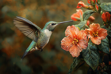Fototapeta premium Hummingbird in flight with flower