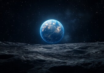 A dark, cratered lunar surface stretches to a glowing Earth hanging in the inky black of space, speckled with distant stars.
