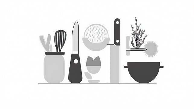 A grayscale illustration depicting various cooking utensils and ingredients. The style is minimalist and geometric, featuring a whisk, knives, a bowl, and various food items, all rendered in shades