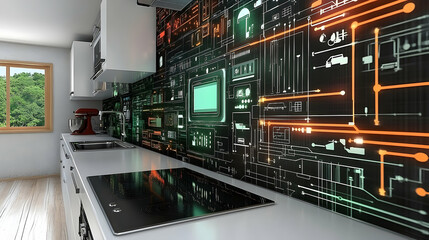 Obraz premium Futuristic tech kitchen design backsplash