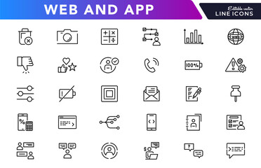 Web and app line icon set. User interface, app, web, web design, button, contact UI kit outline icon collection. UI thin outline icon pack
