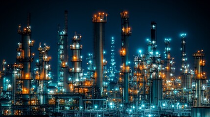 Obraz premium Industrial complex at night, illuminated by glowing pipes and towers