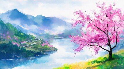 Naklejka premium Misty mountain valley with blossoming cherry tree.