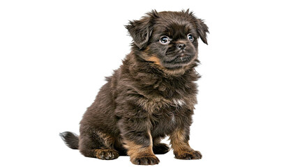 An Affenpinscher puppy with a fluffy, scruffy coat sits with a curious expression, looking directly at the camera. Isolated on a clean white background.