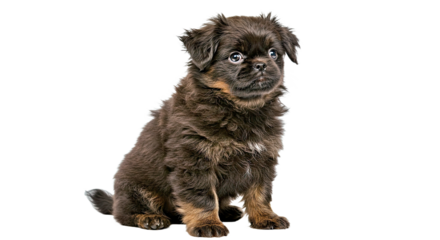 An Affenpinscher puppy with a fluffy, scruffy coat sits with a curious expression, looking directly at the camera. Isolated on a clean white background.