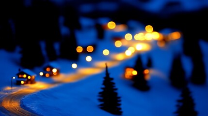 Fototapeta premium Night scene of a snow covered village with winding road, illuminated houses, and pine trees. Blue and orange tones dominate the bokeh effect, creating a magical atmosphere. The focus is soft
