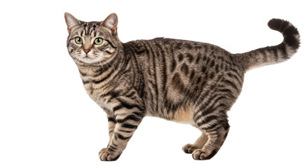 Fototapeta premium An alert American Shorthair cat stands confidently, displaying its dense coat and a focused gaze. Full body shot isolated on a clean white background.