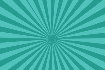 Blue sun ray background. Radial beam sunrise or sunset light retro design illustration. Aqua blue sunburst glowing background.