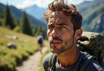 Bewildered hiker contemplating the mountains in nature  