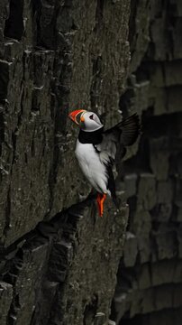 A puffin in flight over a turbulent sea, captured in a dynamic close-up angle, conveying a sense of freedom and adventure, ideal for a nature video.
