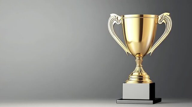 A shiny golden trophy stands on a black pedestal against a gray gradient background