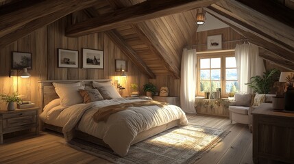 Rustic Wooden Bedroom with Cozy Atmosphere and Mountain View