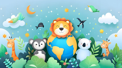 Naklejka premium Enchanting animal characters, celebrating global harmony and nature's whimsical illustration