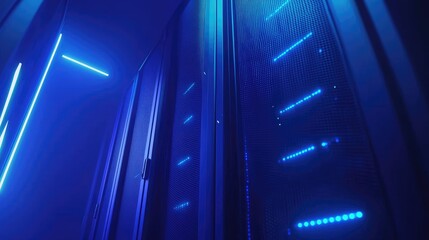 Futuristic close-up of server racks glowing with blue lights in a dark data center, ideal for technology, cybersecurity, cloud computing, network infrastructure, and IT designs