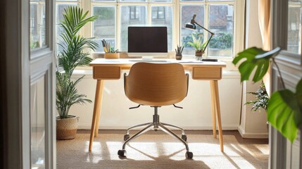 Bright Home Office Workspace with Wooden Desk and Plants