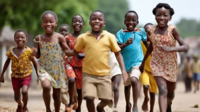 Joyful Run: A group of young children of African descent, beaming with genuine happiness as they sprint joyfully through a sun-drenched, vibrant environment.