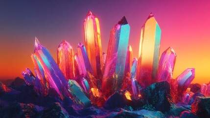 Vibrant Crystals at Sunset, Glowing Pink Orange Blue