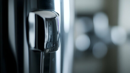 Close-up view of a modern refrigerator handle in a stylish kitchen with blurred background elements