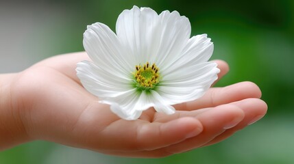 Holding a delicate white flower in nurturing hands as a symbol of nature therapy