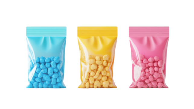 Candy Display in Vivid Colors: Three vibrant bags of candy in pastel hues, each filled with delightful, round candies, presented with captivating clarity and cheerful style