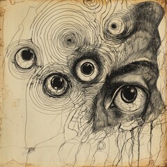 Abstract drawing featuring eyes and swirling patterns on aged paper