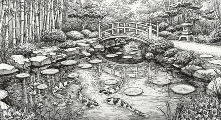 Fototapeta premium Serene Japanese garden illustration with koi pond, bridge, lantern, and bamboo grove offering tranquility and harmony