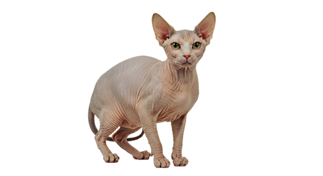An alert Sphynx cat stands proudly, showing its unique hairless, wrinkled skin, muscular build, and confident expression. Full body portrait isolated on white.