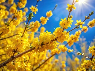 Macro Photography: Yellow Flowers on Tree Branches, Blue Sky - Spring Blossom, Nature Closeup